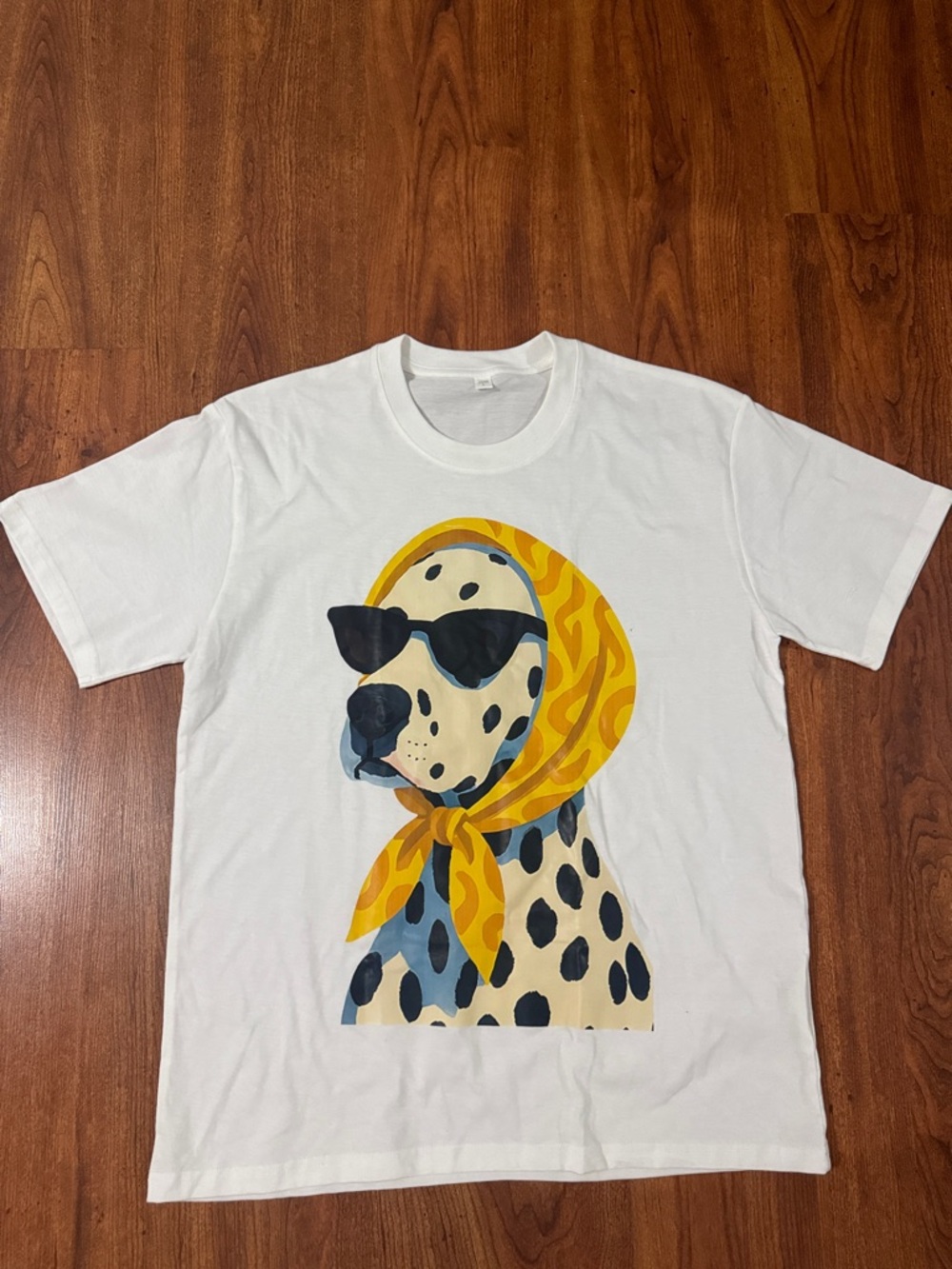 White Dog Graphic Tee with Yellow Scarf and Black Sunglassesi